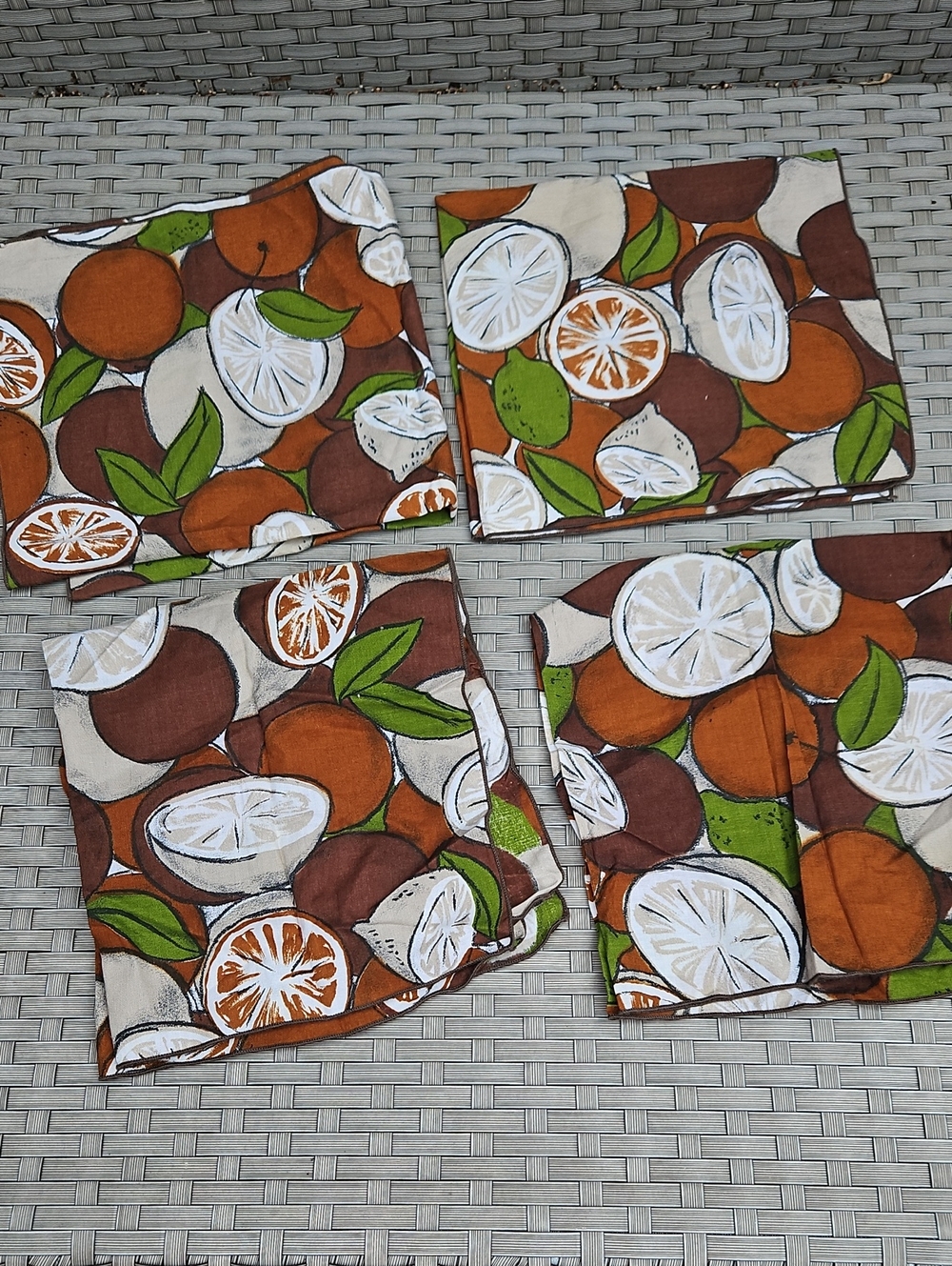 Vintage Brown Citrus Print Cotton Napkins Set Of 4 Brown Orange, Green 17"X 17"